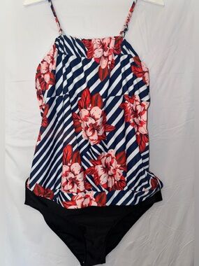 Navy Stripe & Red Floral Women’s Tankini Top and bikini